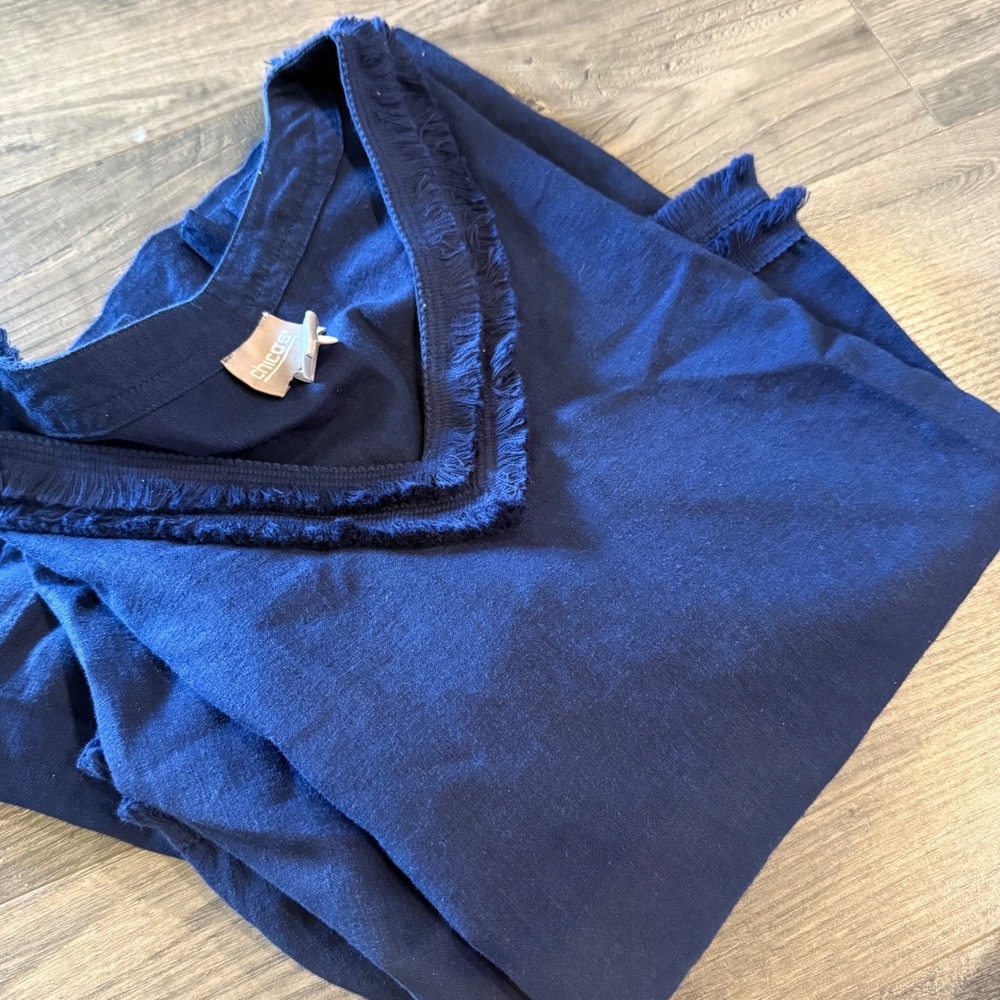 Chicos Navy Blue Linen Blend Fringe V-Neck Tunic Top 3/4 Sleeve Size 1 Medium